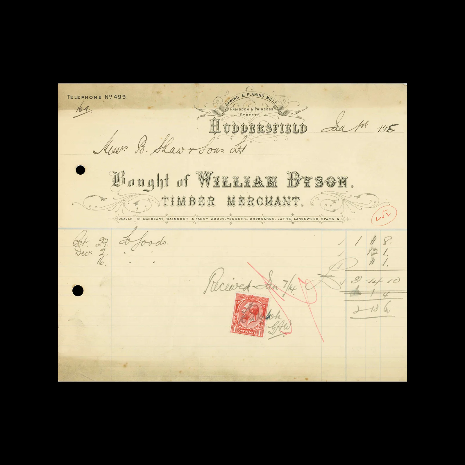 William Dyson, Timber Merchant, Invoice, Huddersfield, 1915