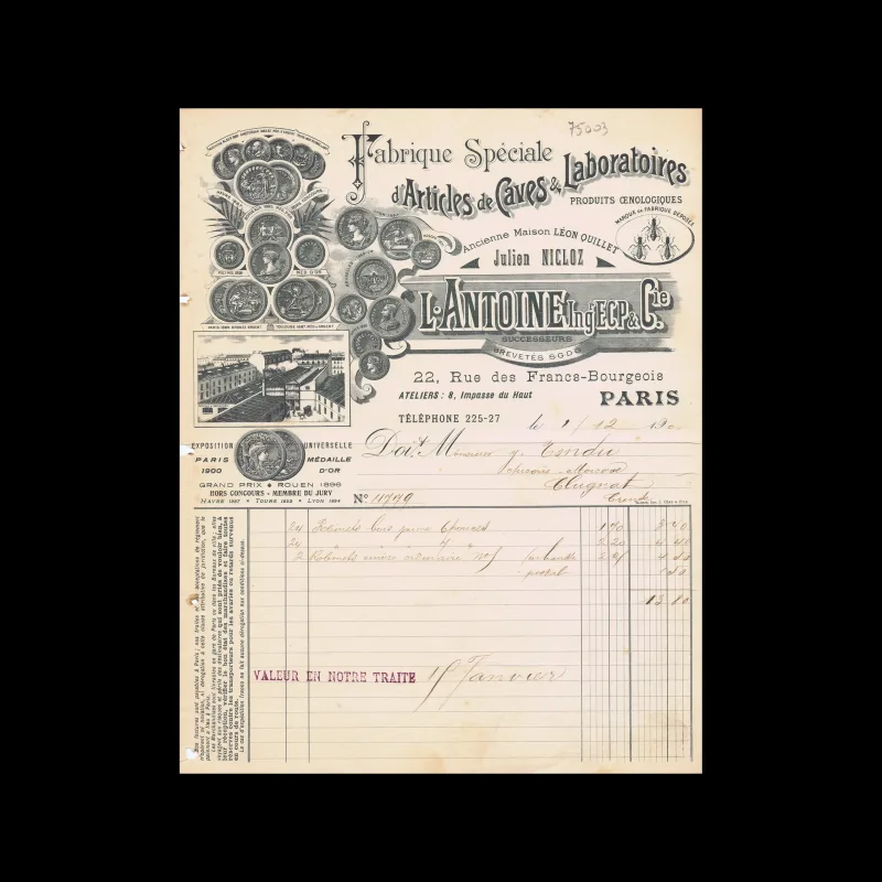 Antoine Nicloz, Invoice, Paris, 1901