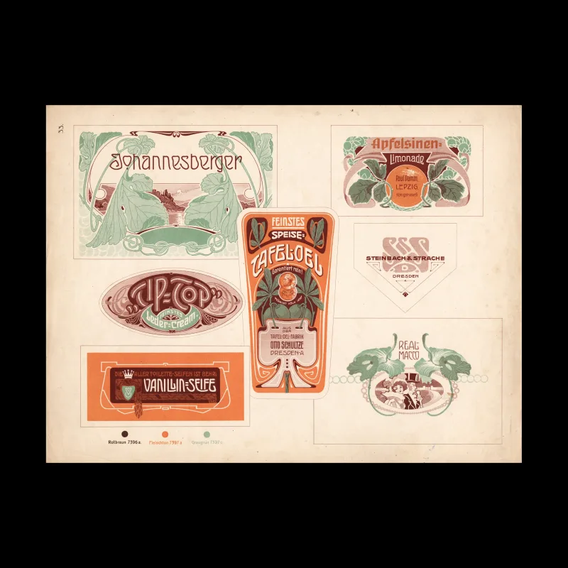 Art Nouveau Printer's Plate, Product Labels, c. 1908–1914