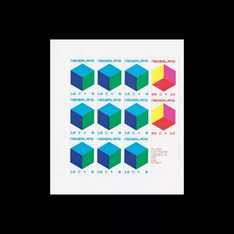 Child Welfare. The Child and the Cube. Netherlands, 1970, Sheet of 12. Designed by William Pars Graatsma
