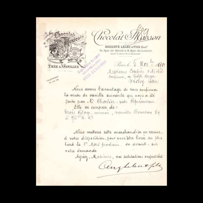 Chocolat Masson, Commercial Letter, Paris, 1900