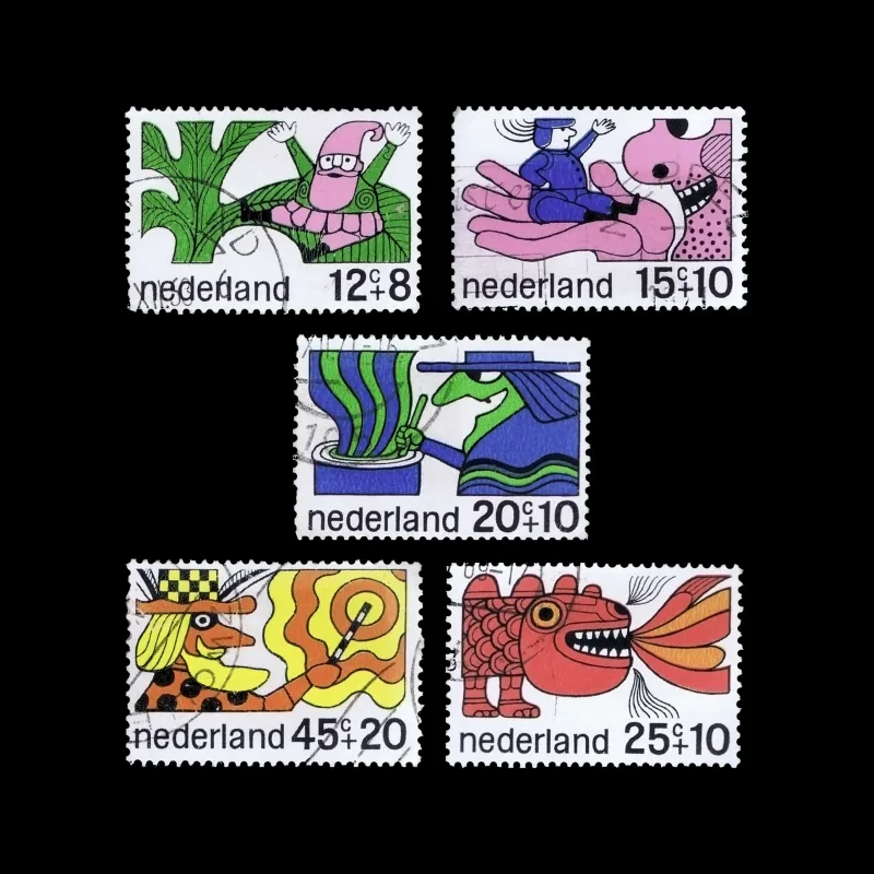 Fairytale Characters, Children’s Stamps, Netherlands, 1968. Designed by Ootje Oxenaar