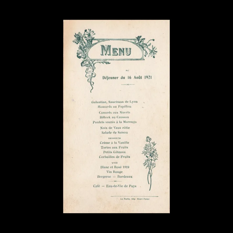French Restaurant Menu, June 14, 1900
