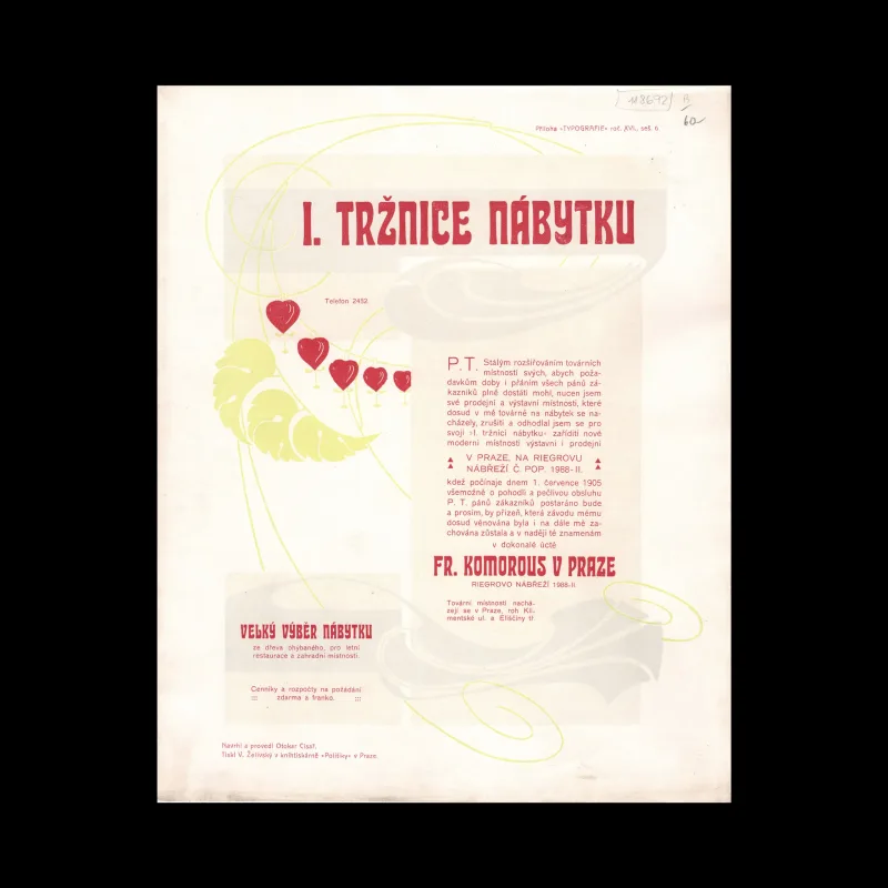 Furniture Showroom Advertisement, Typografia, Vol 16, No. 6, 1905. Designed by Otokar Cisar