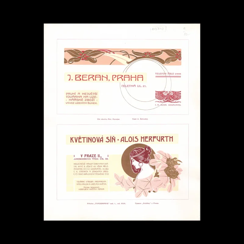 J. Beran and Alois Herfurth Advertisement Plate, Typografia, Vol 18, No 1, 1907. Designed by Ant. Karásek
