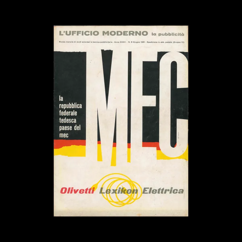 L'ufficio Moderno - La Pubblicità, N°6 Giugno 1961. Cover design by Marco Del Corno