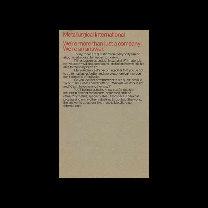 Metallurgical International, Corporate Brochure, c. mid 1970s. Designed by Robert (Bob) Salpeter