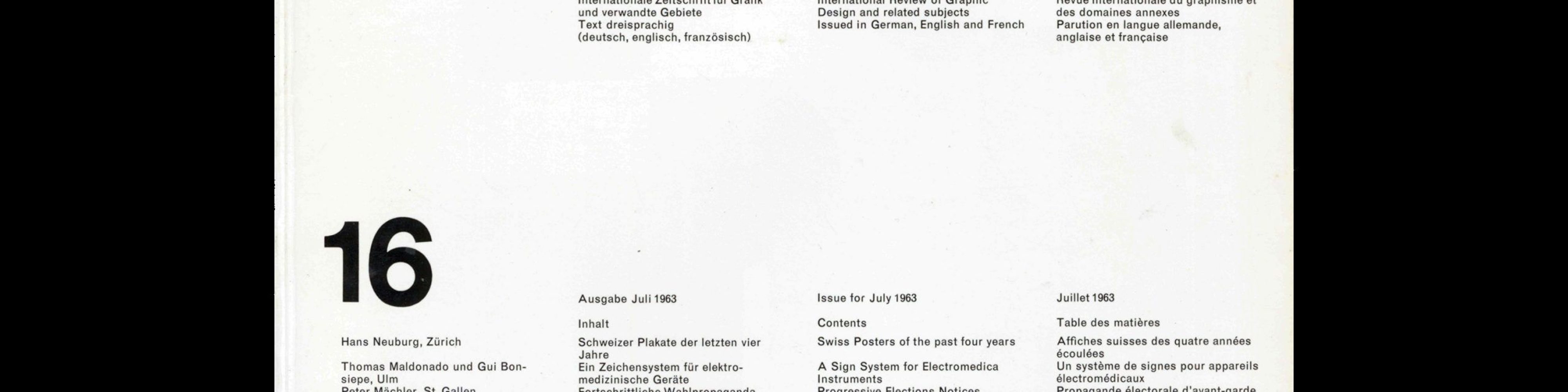 Neue Grafik / New Graphic Design / Graphisme actuel - No.16, 1963. Josef Müller-Brockmann, Hans Neuburg, Richard Paul Lohse, and Carlo Vivarelli