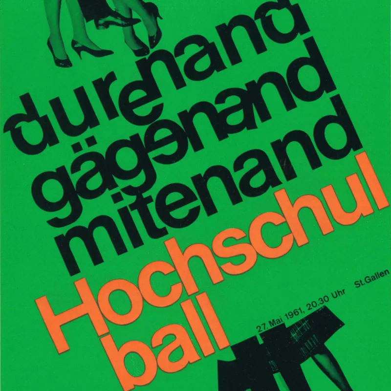 Poster for the University Ball, University in St. Gallen, Switzerland, 1961. Scanned from Der Druckspiegel 08, 1962.