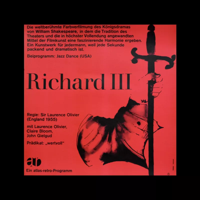 Richard III, Atlas Films Poster, 1960s. Designed by Karl Oskar Blase