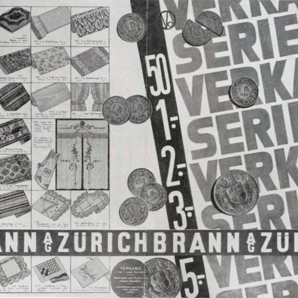 Front and back pages of the cover of a catalogue designed for Brann of Zürich by Ch. Vohdin