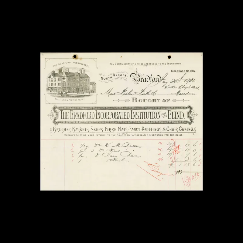The Bradford Incorporated Institution for the Blind, Invoice, Bradford, 1900
